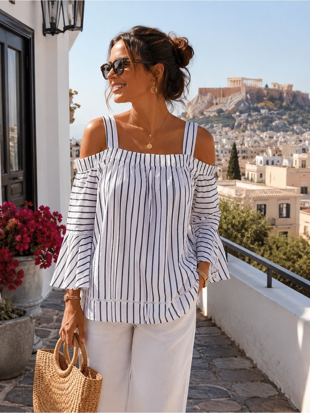 100% Cotton NWT Athena Marie White & Navy Stripe Cold Shoulder